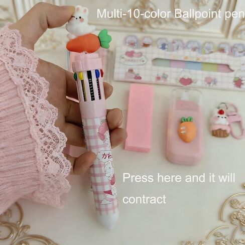 9 Pcs Cute Pink Stationery Set Carrot Rabbit Kawaii Office Supplies Including Pens Pencil Eraser Ruler Correction Tape Bunney Keychain and sticky notes in Kuwait