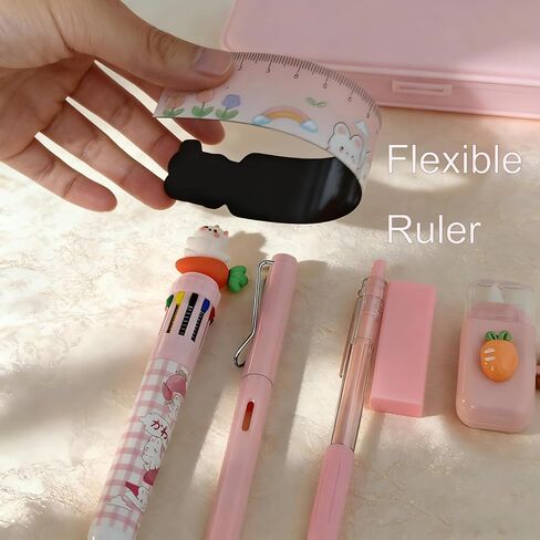 9 Pcs Cute Pink Stationery Set Carrot Rabbit Kawaii Office Supplies Including Pens Pencil Eraser Ruler Correction Tape Bunney Keychain and sticky notes in Kuwait