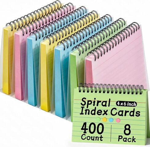Koogel 400 PCS Spiral Index Cards 4x6 Ruled, Colored FlashCards with Rings and Waterproof PVC Covers, Heavyweight Perforated Note Cards for Studying, Note Taking, School Office Supplies (4 Colors) in Kuwait