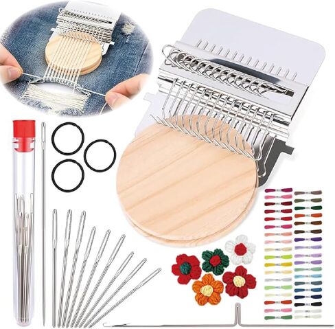 Soubeoii Knit Patch Loom Kit 2.0 - نول رتق صغير للمبتدئين، مجموعة أدوات الترقيع Knitpatch مع 14 خطافًا و36 خيطًا ملونًا و9 إبر للجينز والجوارب ومجموعة أدوات النسيج لإصلاح الخياطة بسرعة in Kuwait
