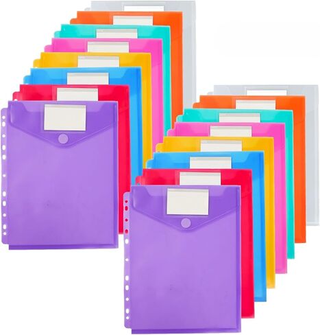 16 Pack Binder Pocket, Document Organizer Pouch with Snap Button & Label, Waterproof Plastic Binder Dividers File Folders with 11 Holes for 2/3/4 Ring Letter Size School Supplies in Kuwait