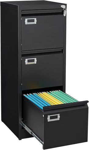 SISESOL 3 Drawer File Cabinet with Lock and Tag,Narrow Three Drawer Filing Cabinet,Vertical Metal File Cabinets,Small Black Filing Cabinets for Home Office Fit Letter/A4/Legal Size File,Easy Assembly in Kuwait