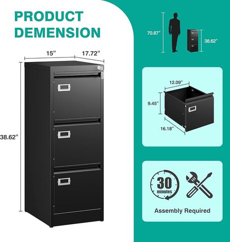 SISESOL 3 Drawer File Cabinet with Lock and Tag,Narrow Three Drawer Filing Cabinet,Vertical Metal File Cabinets,Small Black Filing Cabinets for Home Office Fit Letter/A4/Legal Size File,Easy Assembly in Kuwait