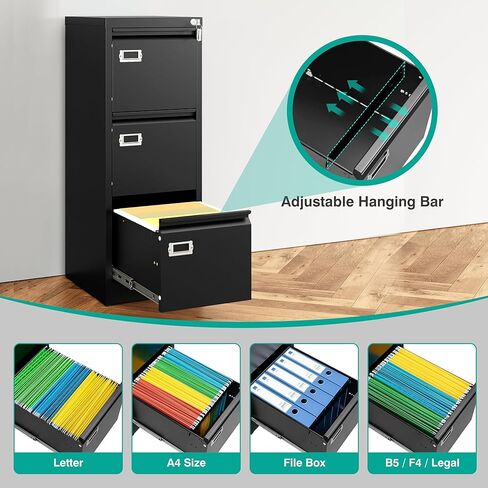 SISESOL 3 Drawer File Cabinet with Lock and Tag,Narrow Three Drawer Filing Cabinet,Vertical Metal File Cabinets,Small Black Filing Cabinets for Home Office Fit Letter/A4/Legal Size File,Easy Assembly in Kuwait