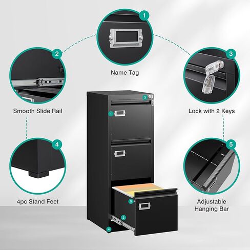 SISESOL 3 Drawer File Cabinet with Lock and Tag,Narrow Three Drawer Filing Cabinet,Vertical Metal File Cabinets,Small Black Filing Cabinets for Home Office Fit Letter/A4/Legal Size File,Easy Assembly in Kuwait