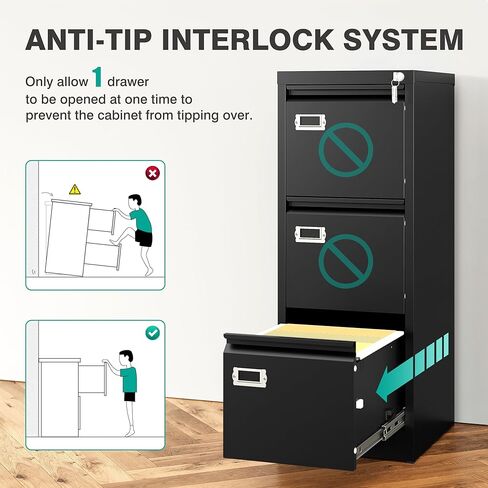 SISESOL 3 Drawer File Cabinet with Lock and Tag,Narrow Three Drawer Filing Cabinet,Vertical Metal File Cabinets,Small Black Filing Cabinets for Home Office Fit Letter/A4/Legal Size File,Easy Assembly in Kuwait