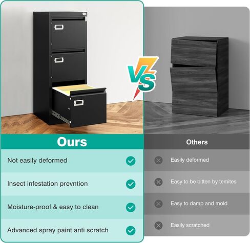 SISESOL 3 Drawer File Cabinet with Lock and Tag,Narrow Three Drawer Filing Cabinet,Vertical Metal File Cabinets,Small Black Filing Cabinets for Home Office Fit Letter/A4/Legal Size File,Easy Assembly in Kuwait