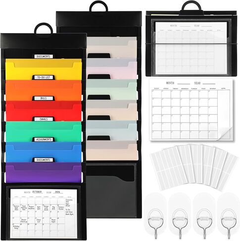 AmazingSpark 2 Pcs Wall Hanging File Folders Organizer with 24 Sheets Blank Planner 60 Labels Stickers 4 Adhesive Hooks 6 Removable Poly Hanging File Folders for Classrom Home Office School in Kuwait