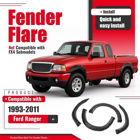 4Pcs Fender Flares Compatible with 1993-2011 Ford Ranger Exclude FX4 Submodels, 3Pieces Per Fender Flares Plastic(PP&TD20) Textured Black in Kuwait