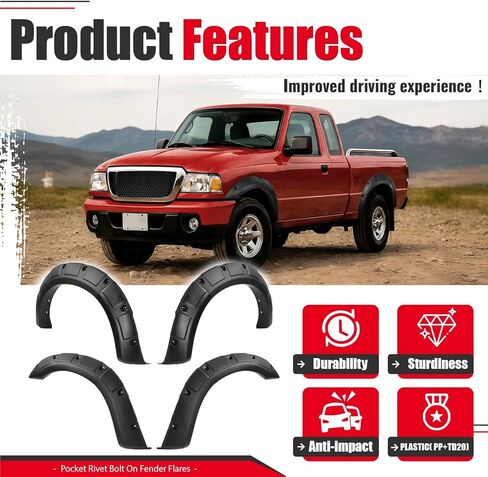 4Pcs Fender Flares Compatible with 1993-2011 Ford Ranger Exclude FX4 Submodels, 3Pieces Per Fender Flares Plastic(PP&TD20) Textured Black in Kuwait