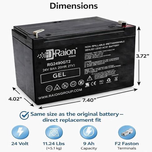 لعبة ركوب جل Raion Power 24V 9AH/20HR بطارية 24 فولت - ترقية وقت التشغيل الممتد - متوافقة مع ألعاب Ottaro Kids Ride On UTV واختيار ألعاب أخرى - استبدال بطاريات Longway 12FM7 7Ah in Kuwait