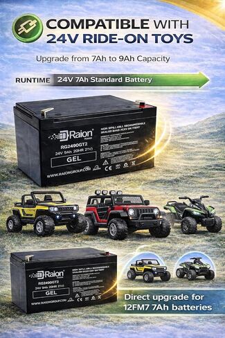 لعبة ركوب جل Raion Power 24V 9AH/20HR بطارية 24 فولت - ترقية وقت التشغيل الممتد - متوافقة مع ألعاب Ottaro Kids Ride On UTV واختيار ألعاب أخرى - استبدال بطاريات Longway 12FM7 7Ah in Kuwait
