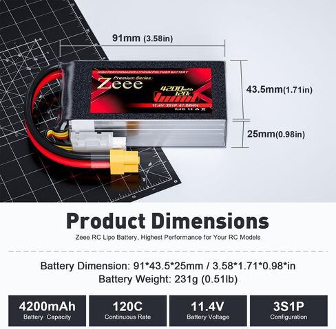 Zeee Premium Series 3S Lipo Battery 4200mAh 11.4V High Voltage Shorty Battery 120C with XT60 Plug Soft Case HV Lipo Compatible with Rock Crawler Helicopter Airplane Drone Boat Racing Models(2 Pack) in Kuwait