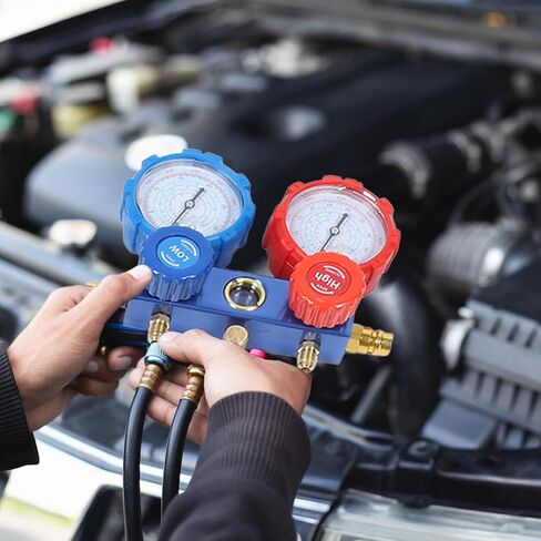 Luocute 3 Way AC Manifold Gauge Set, Heavy Duty HVAC Diagnostic Charging Tool, with 5ft Hose Quick Couplers Adapter and Repair Kit for R134A R12 R22 R502 Refrigerants in Kuwait