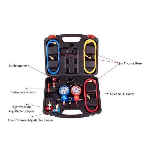 Luocute 3 Way AC Manifold Gauge Set, Heavy Duty HVAC Diagnostic Charging Tool, with 5ft Hose Quick Couplers Adapter and Repair Kit for R134A R12 R22 R502 Refrigerants in Kuwait