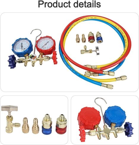 Diagnostic Manifold Gauge Set R410a R32 R22 R134a Ac Tools with 3 Hoses Brass Aluminum Body from 0 to 55 Bar Dual Gauges Auto Hvac Leak Test in Kuwait