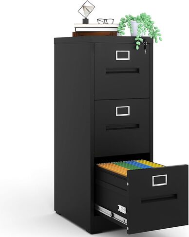 File Cabinets 3 Drawer with Lock, Heavy Duty Black Metal Storage Cabinets, Vertical Filing Cabinet for Home Office, Steel Cabinet for Letter Legal Size Files, Assembly Required in Kuwait