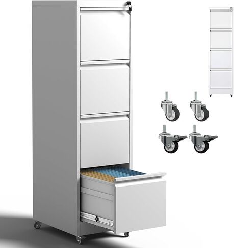 IKIMI 4 Drawer Mobile File Cabinet with Lock,Black Metal Locking Filing Cabinets,Vertical File Cabinet for Home Office,Rolling Storage Cabinet for A4/Letter/Legal Size File,Assembly Required in Kuwait