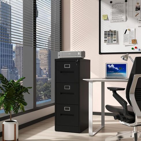 File Cabinets 3 Drawer with Lock, Heavy Duty Black Metal Storage Cabinets, Vertical Filing Cabinet for Home Office, Steel Cabinet for Letter Legal Size Files, Assembly Required in Kuwait