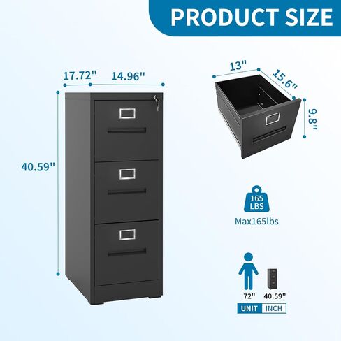 File Cabinets 3 Drawer with Lock, Heavy Duty Black Metal Storage Cabinets, Vertical Filing Cabinet for Home Office, Steel Cabinet for Letter Legal Size Files, Assembly Required in Kuwait