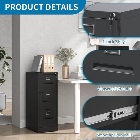 File Cabinets 3 Drawer with Lock, Heavy Duty Black Metal Storage Cabinets, Vertical Filing Cabinet for Home Office, Steel Cabinet for Letter Legal Size Files, Assembly Required in Kuwait
