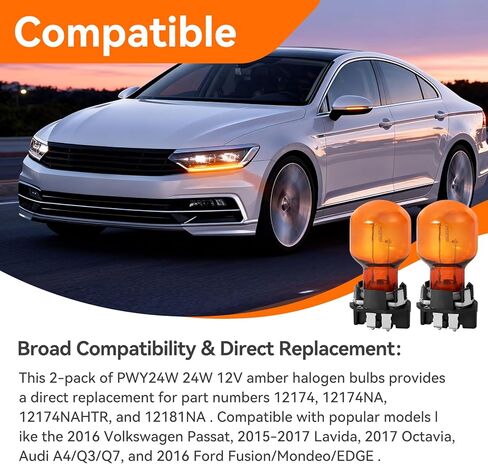 2 Pack PWY24W 24W 12V Amber Turn Signal Light Bulbs, Replacement for 2016-2017 Volkswagen Passat/Lavida/Octavia, Audi A4/Q3/Q7, Ford Fusion/Mondeo/EDGE, Fits Part #12174, 12174NA, 12174 NAHTR in Kuwait