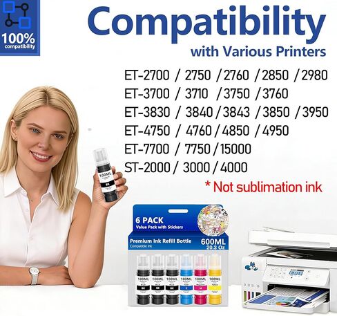 متوافق مع 502 زجاجة إعادة تعبئة حبر متوافقة مع T502 ET-3850 ET-2850 ET-3760 ET-2760 ET-15000 ET-4850 ET-4760 ET-3830 ET-2980 ET-4750 ET-3950 ET-4950 حبر الطابعة (6 عبوات، لون أسود) in Kuwait