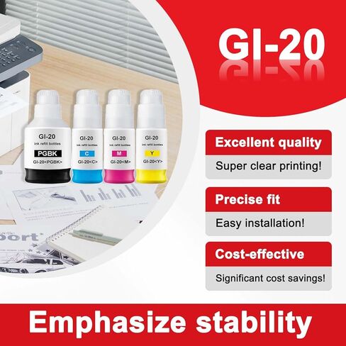 استبدال زجاجات إعادة تعبئة الحبر GI-20 GI20 لزجاجات إعادة تعبئة الحبر Canon GI-20 لطابعات PIXMA G6020 G7020 G5020 6020 7020 5020 MegaTank (4 عبوات، BK، C، M، Y) in Kuwait