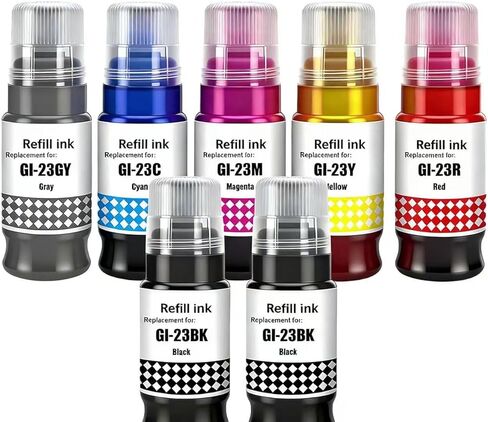 مجموعة زجاجات إعادة تعبئة الحبر GI-23 G620 (7 عبوات، 2K/C/M/Y/R/GY) متوافقة مع Canon GI23 GI-23 GI 23، متوافقة مع طابعة Canon G620 G520 in Kuwait