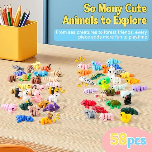 58 PCS 3D Printed Animals, Articulated Mini Animal Figures, Flexible Fidget Toys, Bulk Classroom Rewards, Colorful Desk Decor, Collectible 3D Print Toys in Kuwait