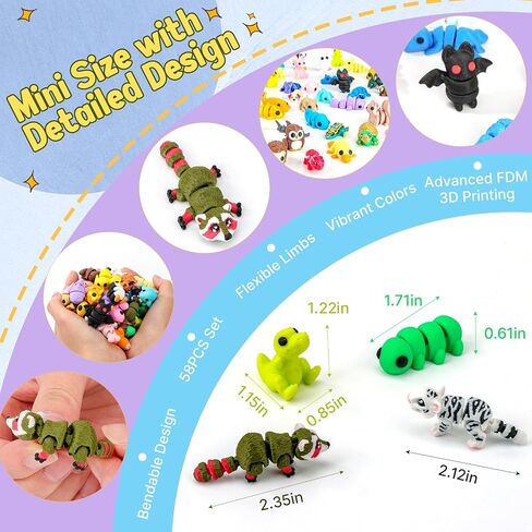 58 PCS 3D Printed Animals, Articulated Mini Animal Figures, Flexible Fidget Toys, Bulk Classroom Rewards, Colorful Desk Decor, Collectible 3D Print Toys in Kuwait