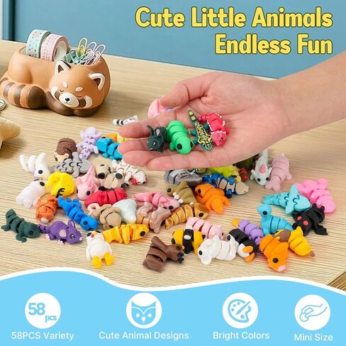 58 PCS 3D Printed Animals, Articulated Mini Animal Figures, Flexible Fidget Toys, Bulk Classroom Rewards, Colorful Desk Decor, Collectible 3D Print Toys in Kuwait