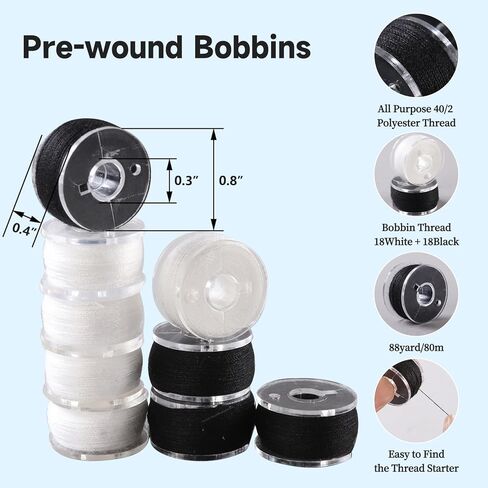 18White + 18Black Bobbin Thread, A Bobbin case, Total 36 PCS Sewing bobbins. Size A prewound Sewing Suitable for Embroidery and Sewing Machines, Brother Singer Embroidery BabyLock Janome Singer. in Kuwait