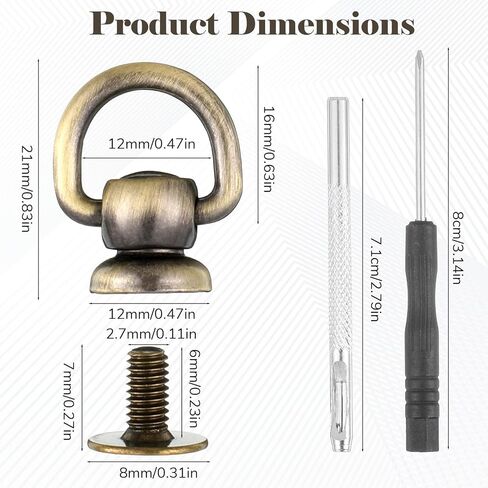 4 Pack D Rings for Purse Stud Screw Ball Studs, Antique Brass Rivets for Leather Metal D Ring Rotatable Purses Strap Hardware Button Stud Screw Kit for Repair Purses Dog Collar DIY Leathers Crafts in Kuwait