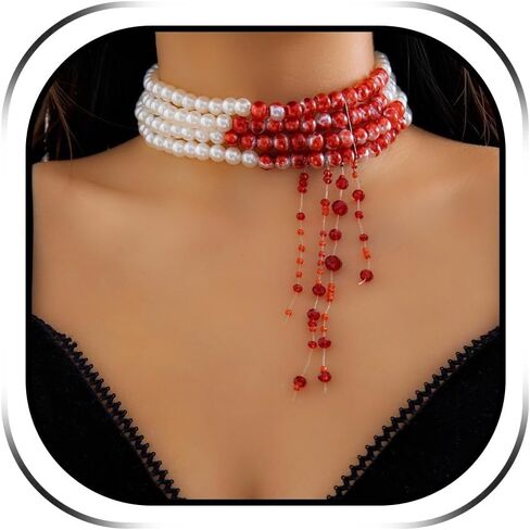 Bloody Pearl Necklace for Women Halloween Vampire Costume Dripping Blood Necklace Vampire Necklace Jewelry Halloween Party Costume for Women Victorian Dress in Saudi Arabia