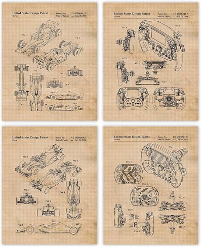 Vintage F1 Racing Cars Patent Prints, 4 (8x10) Unframed Photos, Wall Art Decor Gift for Home Enzo Ferrari Office Engine Gears Work Garage Shop School Student Teacher Coach Formula Team Indy Champs Fan in Saudi Arabia