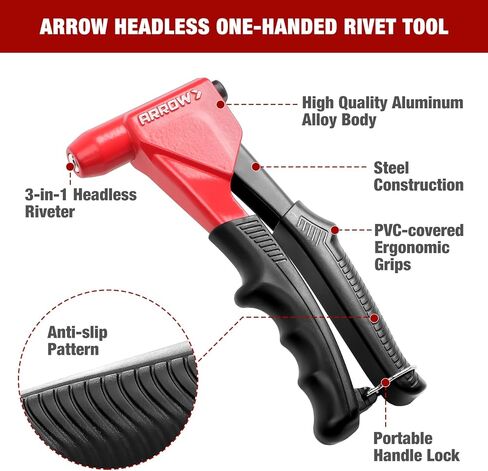 Arrow 3-in-1 Rivet Gun, One-Handed Headless Pop Rivet Gun Kit with 150Pcs Rivets, Professional Manual Heavy Duty Rivet Gun Kit Without Head Change, for Metal, Wood and Plastic in Kuwait