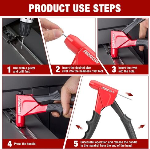 Arrow 3-in-1 Rivet Gun, One-Handed Headless Pop Rivet Gun Kit with 150Pcs Rivets, Professional Manual Heavy Duty Rivet Gun Kit Without Head Change, for Metal, Wood and Plastic in Kuwait
