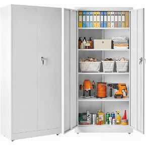 DUMOS Metal Storage Cabinet, 71" Locking Steel Storage Cabinet with 2 Doors and 5 Shelves, Tall Steel Cabinet for Garage, Home, Office, Gym,School, White in Kuwait