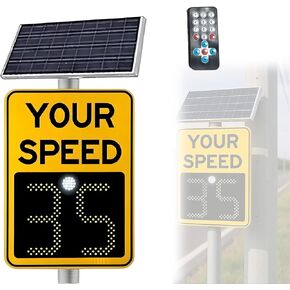 Solar Powered LED Radar Speed Limit Sign, IP65 Waterproof Traffic Safety Feedback Sign with Solar Panel & Remote Control, 23.6in x 35.4in for Streets & Roads in Kuwait
