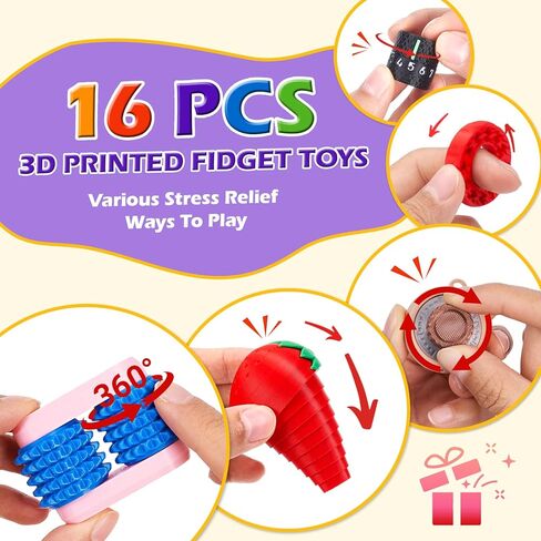 16PCS 3D Printed Fidget Toys, Sensory Toys for Kids with Autism ADHD, Classroom Treasure Box & Calm Down Corner Essentials, Stress Relief Gifts for Kids Teens Adults in Kuwait