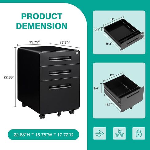 SISESOL 3 Drawer File Cabinet with Lock,Rolling File Cabinets,Under Desk File Cabinet,Three Drawer Filing Cabinet for Home Office with Wheels,Fit A4/Letter/Legal File,Fully Assembled Except Casters in Kuwait