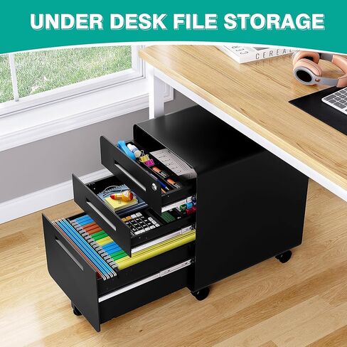 SISESOL 3 Drawer File Cabinet with Lock,Rolling File Cabinets,Under Desk File Cabinet,Three Drawer Filing Cabinet for Home Office with Wheels,Fit A4/Letter/Legal File,Fully Assembled Except Casters in Kuwait