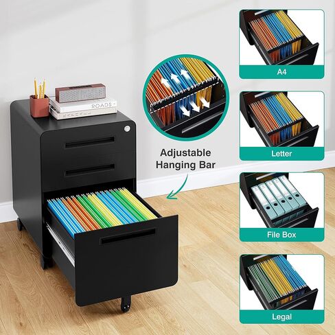 SISESOL 3 Drawer File Cabinet with Lock,Rolling File Cabinets,Under Desk File Cabinet,Three Drawer Filing Cabinet for Home Office with Wheels,Fit A4/Letter/Legal File,Fully Assembled Except Casters in Kuwait