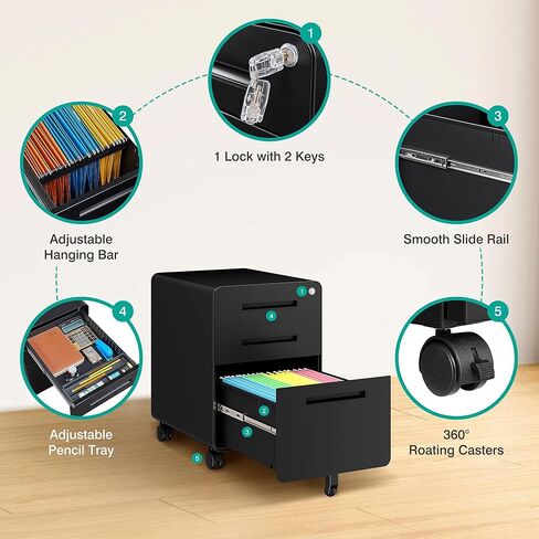 SISESOL 3 Drawer File Cabinet with Lock,Rolling File Cabinets,Under Desk File Cabinet,Three Drawer Filing Cabinet for Home Office with Wheels,Fit A4/Letter/Legal File,Fully Assembled Except Casters in Kuwait