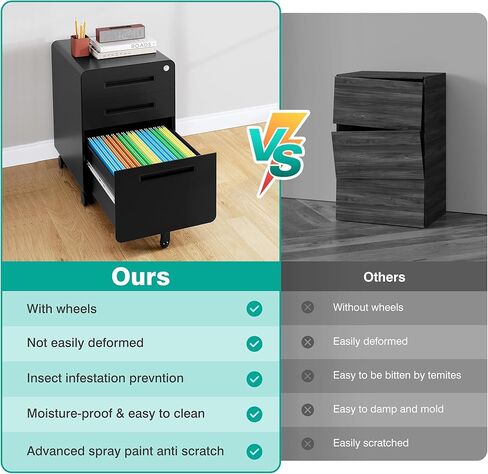 SISESOL 3 Drawer File Cabinet with Lock,Rolling File Cabinets,Under Desk File Cabinet,Three Drawer Filing Cabinet for Home Office with Wheels,Fit A4/Letter/Legal File,Fully Assembled Except Casters in Kuwait
