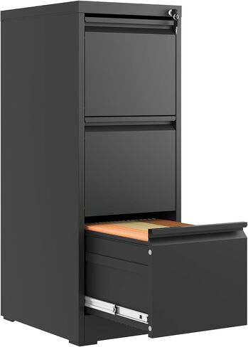 3 Drawer File Cabinet with Lock,Metal Vertical Filing Cabinets for Home Office,Heavy Duty File Storage Cabinet for Letter/Legal/A4/F4 Size File,Assembly Require (Black, Vertical 3 Drawer) in Kuwait