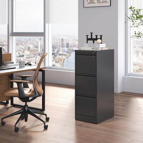 3 Drawer File Cabinet with Lock,Metal Vertical Filing Cabinets for Home Office,Heavy Duty File Storage Cabinet for Letter/Legal/A4/F4 Size File,Assembly Require (Black, Vertical 3 Drawer) in Kuwait