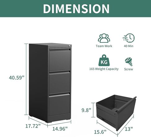3 Drawer File Cabinet with Lock,Metal Vertical Filing Cabinets for Home Office,Heavy Duty File Storage Cabinet for Letter/Legal/A4/F4 Size File,Assembly Require (Black, Vertical 3 Drawer) in Kuwait