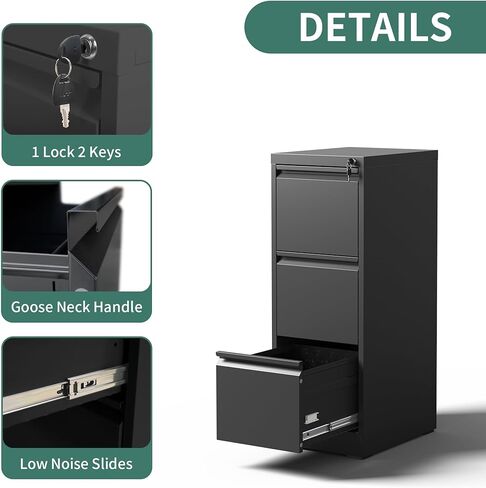 3 Drawer File Cabinet with Lock,Metal Vertical Filing Cabinets for Home Office,Heavy Duty File Storage Cabinet for Letter/Legal/A4/F4 Size File,Assembly Require (Black, Vertical 3 Drawer) in Kuwait